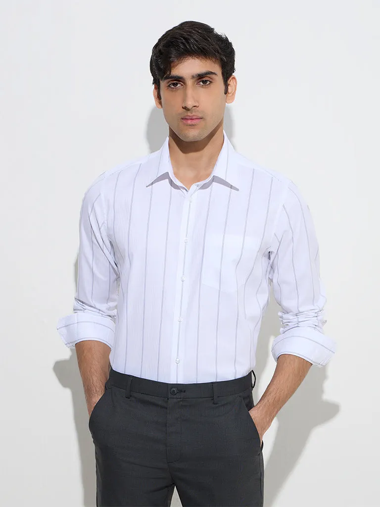 WES Formals White Striped Slim-Fit Cotton Shirt