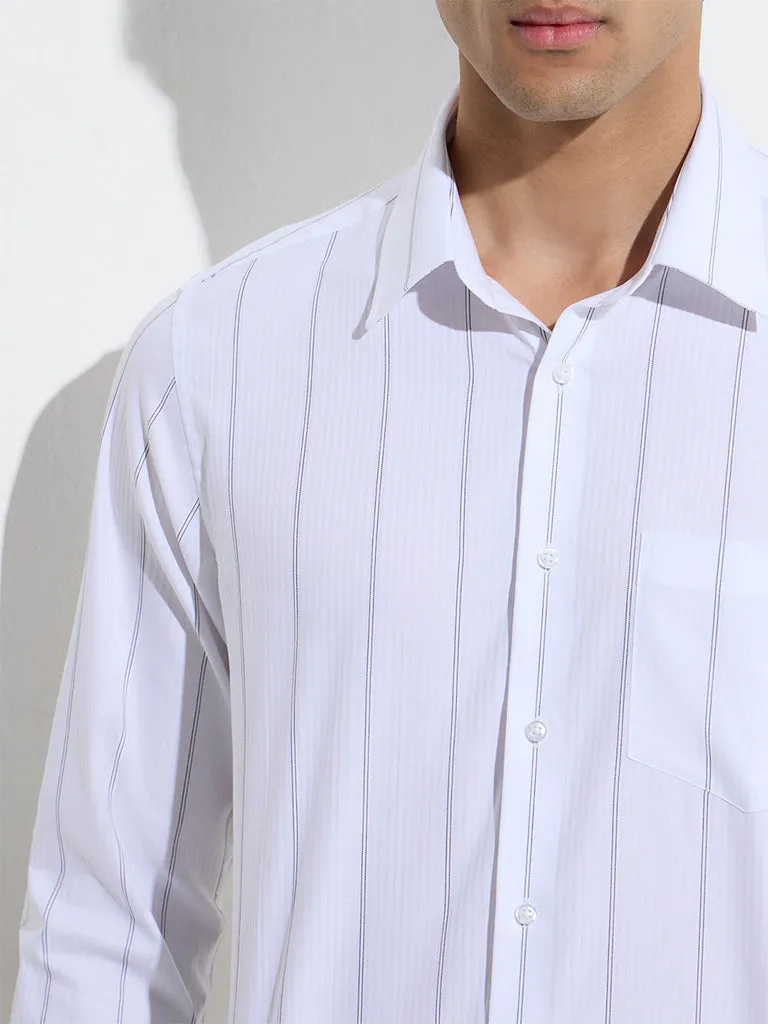 WES Formals White Striped Slim-Fit Cotton Shirt