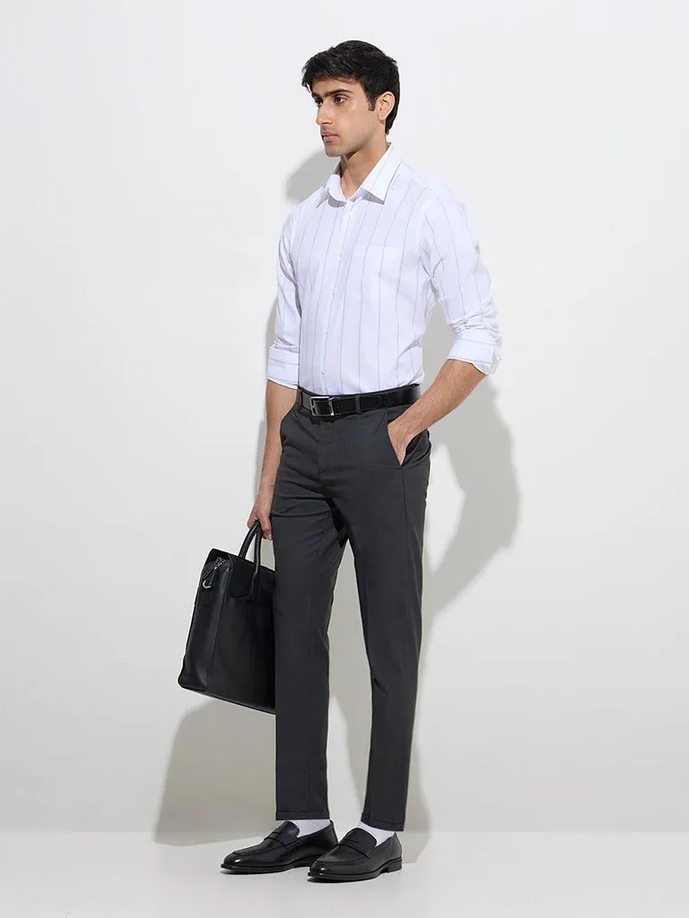 WES Formals White Striped Slim-Fit Cotton Shirt