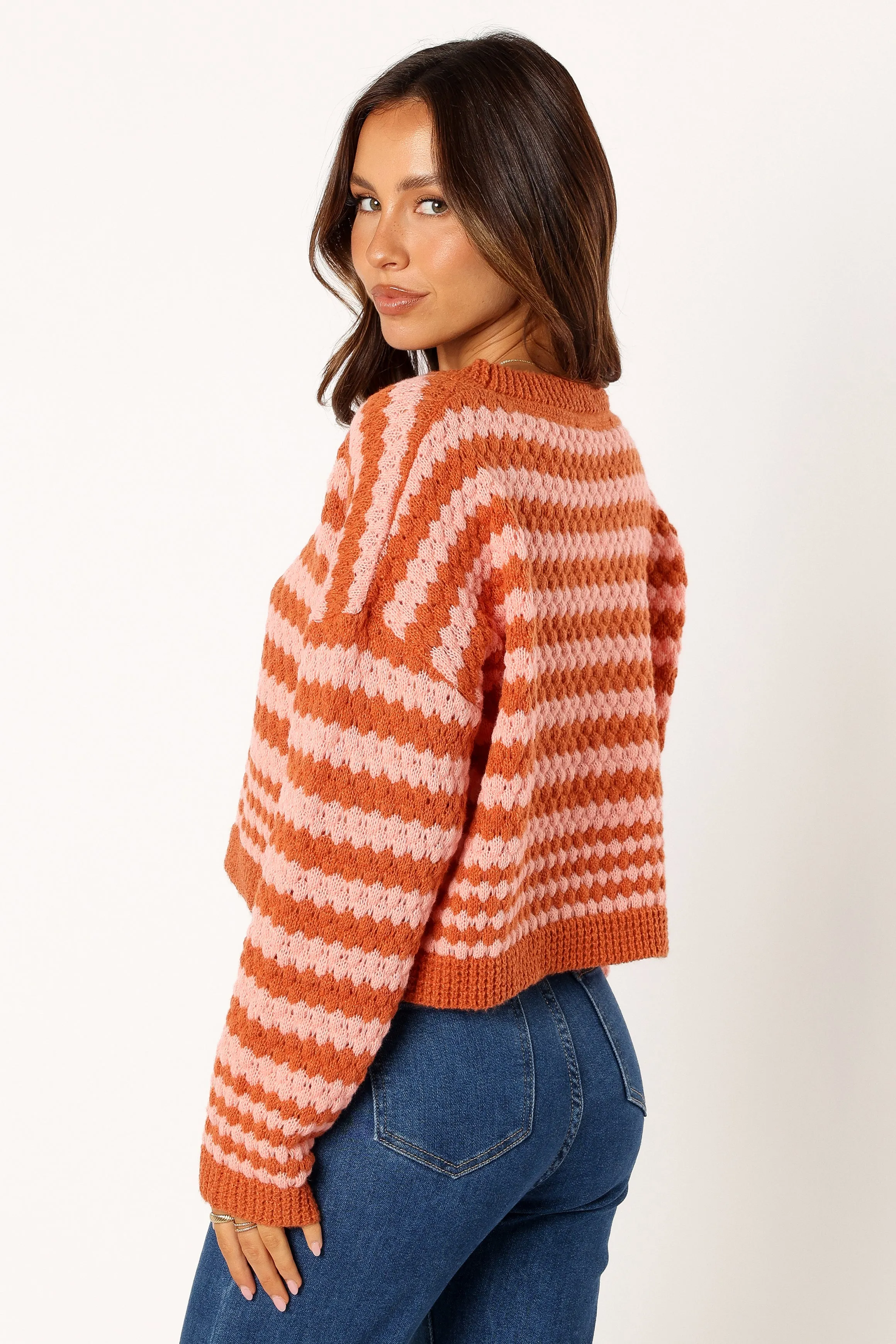 Yasmin Striped Crewneck Knit Sweater - Orange Pink